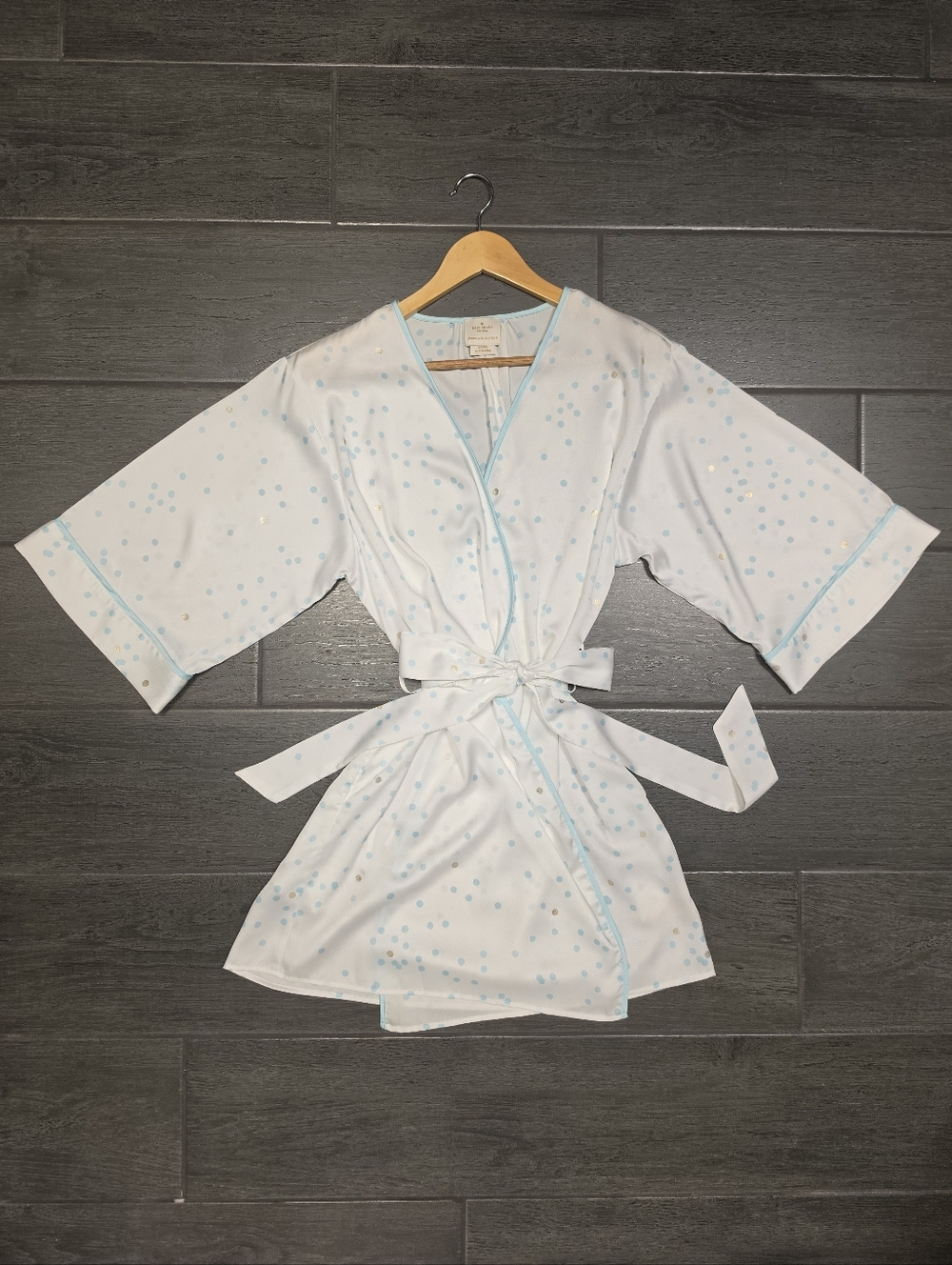 KATE SPADE Intimates Silky Soft White Robe with Teal Blue & Gold Polka Dots